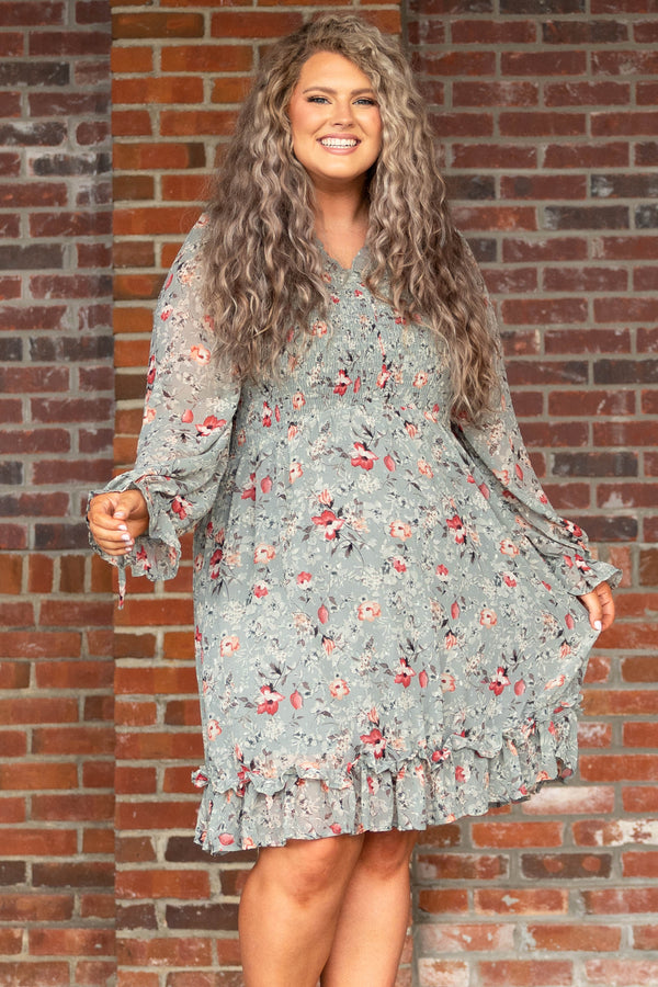 Chic Soul plus size clothing, sage green floral ruffle detail dress