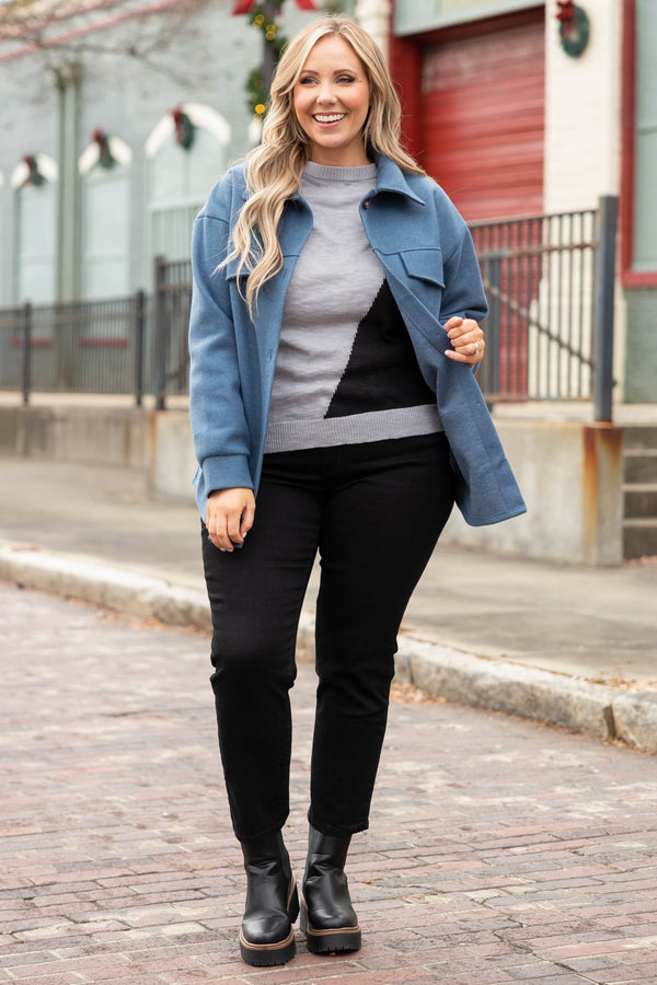 Chic Soul plus size clothing, blue button down jacket