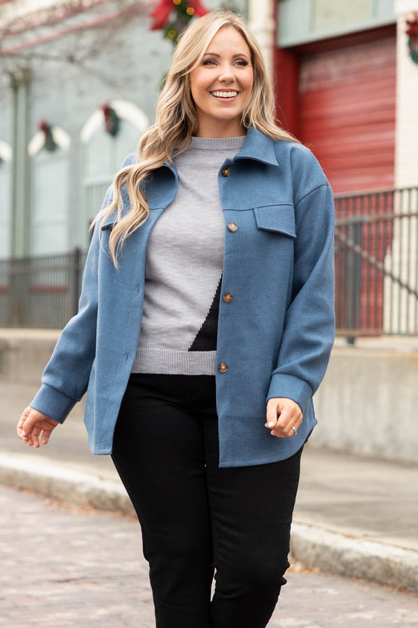 Chic Soul plus size clothing, blue button down jacket