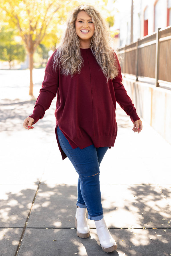 Chic Soul plus size clothing, burgundy v neck sweater