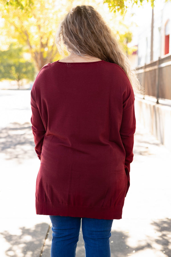 Chic Soul plus size clothing, burgundy v neck sweater