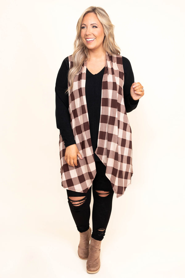 Chic Soul plus size clothing, plaid mocha brown and white sleeveless vest