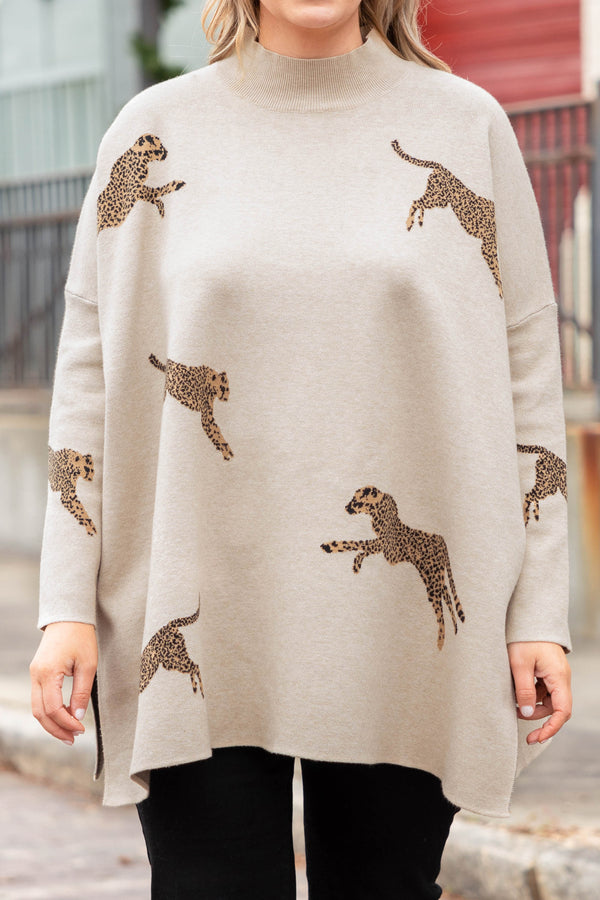 Chic Soul plus size clothing, oatmeal leopard sweater