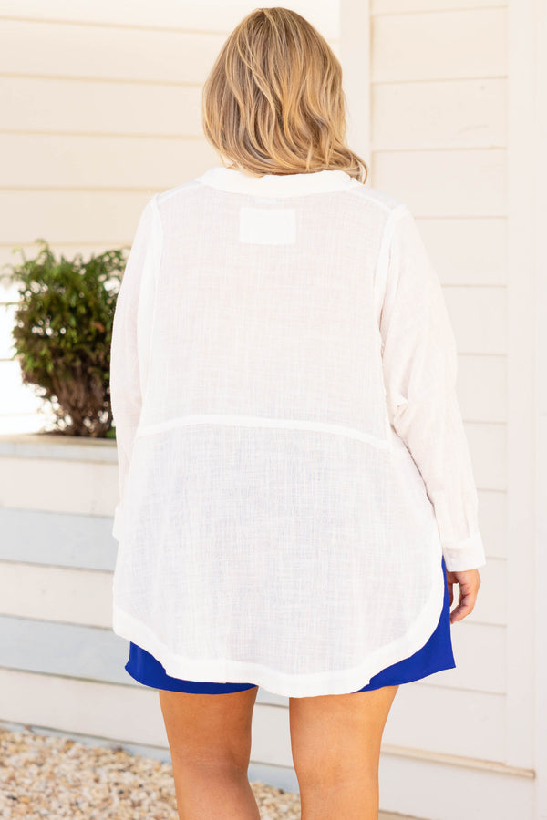 Chic Soul plus size clothing, solid white long sleeve top with collared neckline