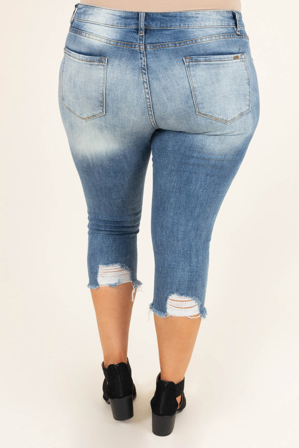 Chic Soul plus size clothing, medium wash distressed capri jeans