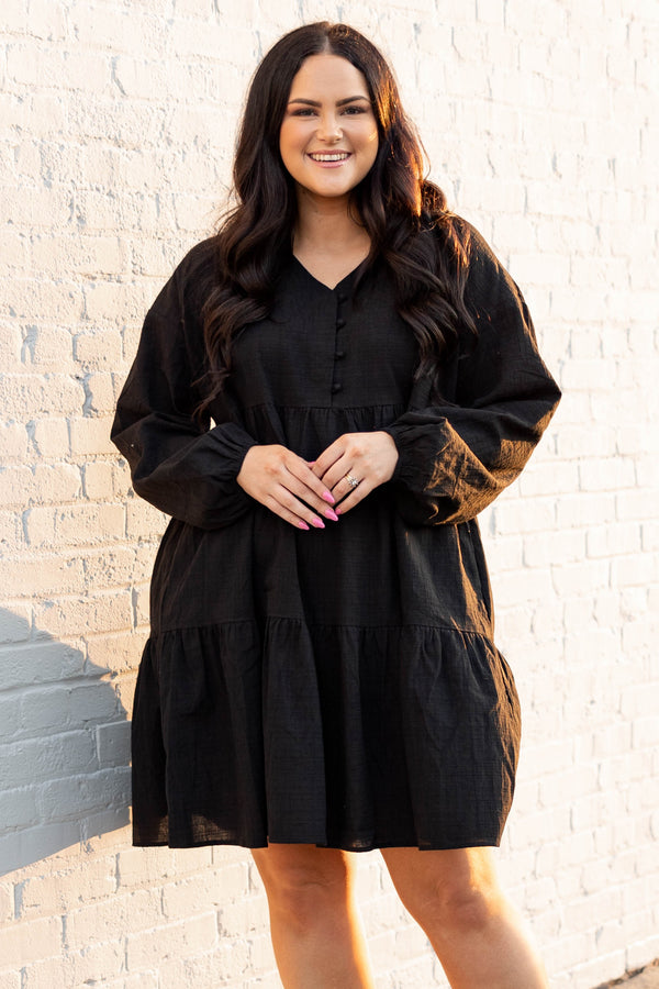 Chic Soul plus size clothing, black long sleeve baby doll dress