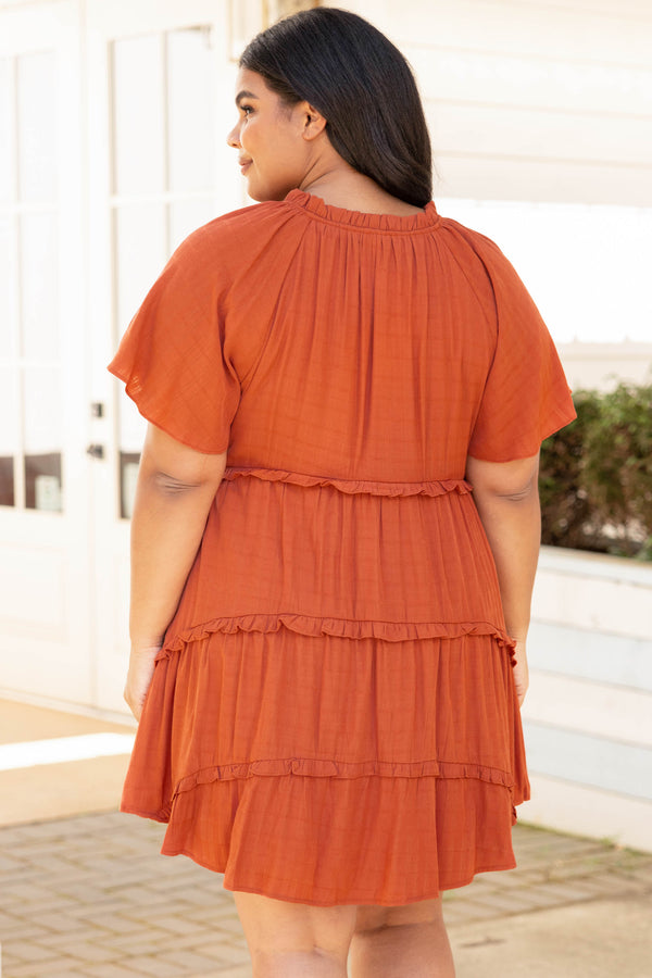 Chic Soul plus size clothing, brick red solid short sleeve casual babydoll dress