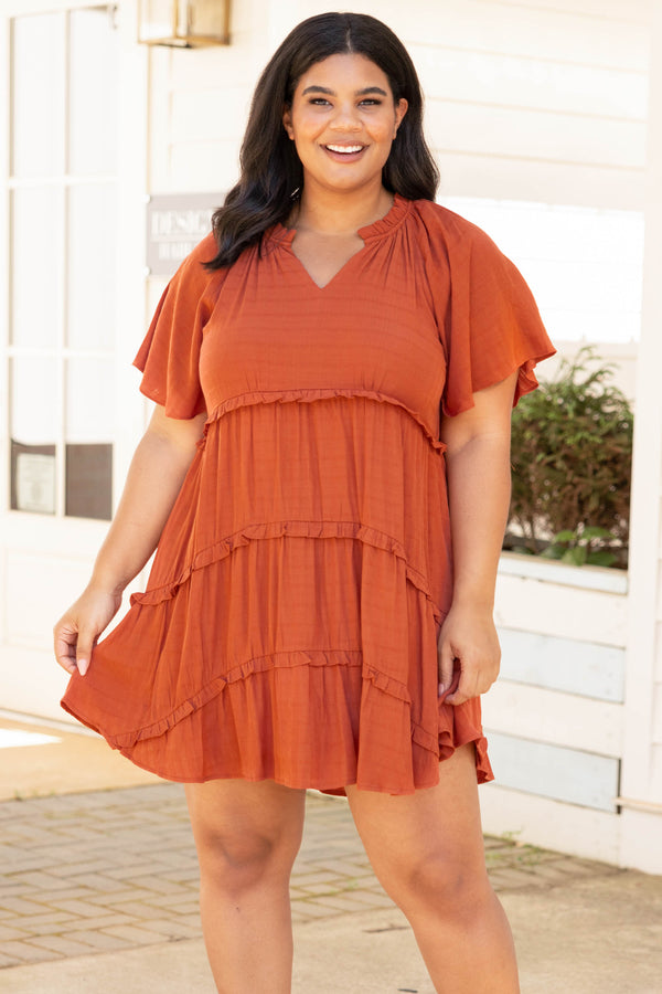 Chic Soul plus size clothing, brick red solid short sleeve casual babydoll dress