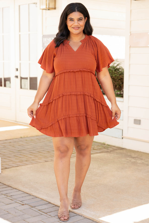 Chic Soul plus size clothing, brick red solid short sleeve casual babydoll dress