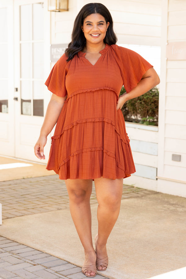 Chic Soul plus size clothing, brick red solid short sleeve casual babydoll dress