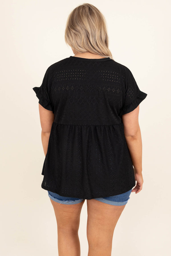 Chic Soul plus size clothing, black eyelet short flutter sleeve babydoll top