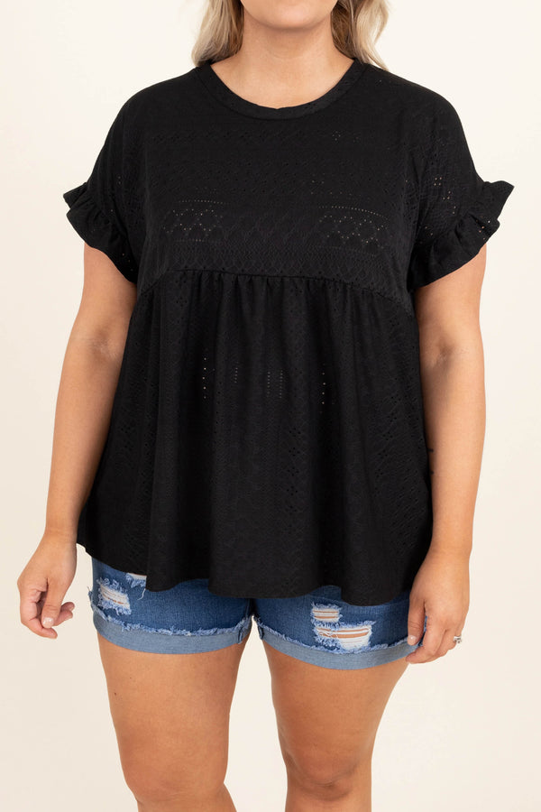 Chic Soul plus size clothing, black eyelet short flutter sleeve babydoll top