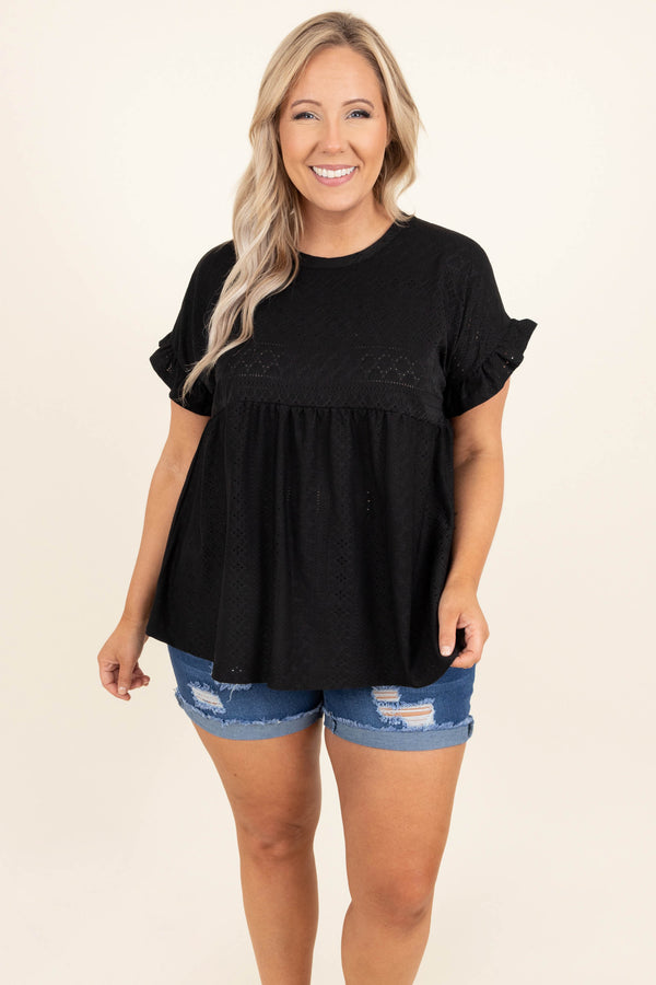 Chic Soul plus size clothing, black eyelet short flutter sleeve babydoll top