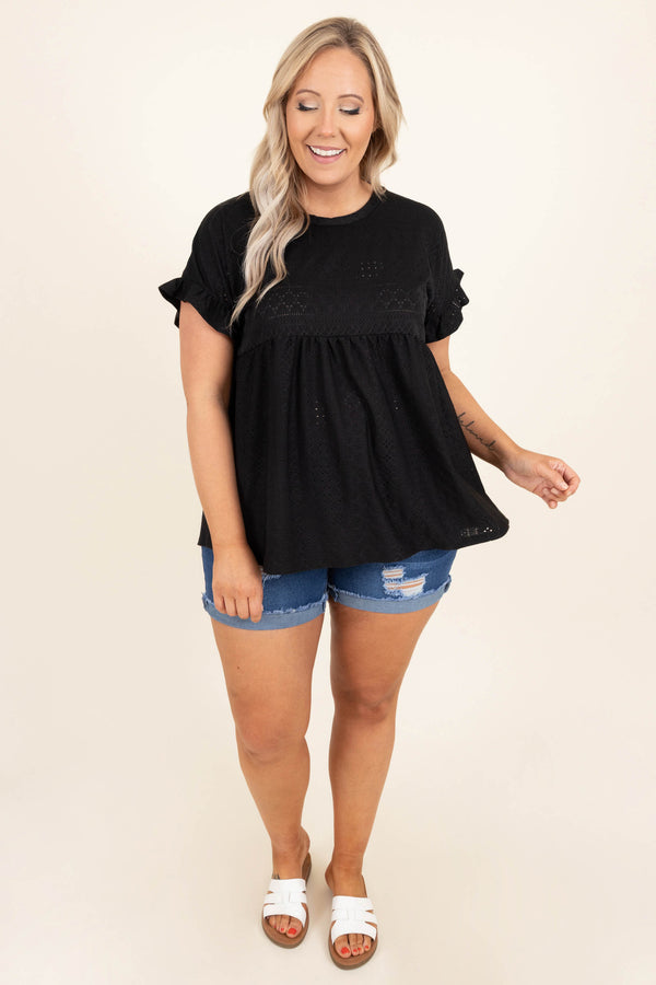 Chic Soul plus size clothing, black eyelet short flutter sleeve babydoll top