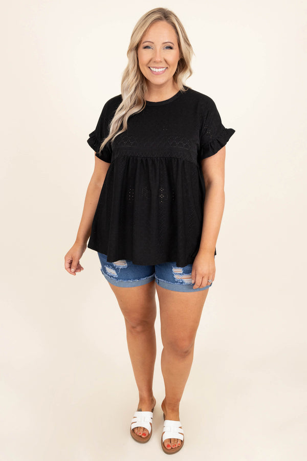 Chic Soul plus size clothing, black eyelet short flutter sleeve babydoll top