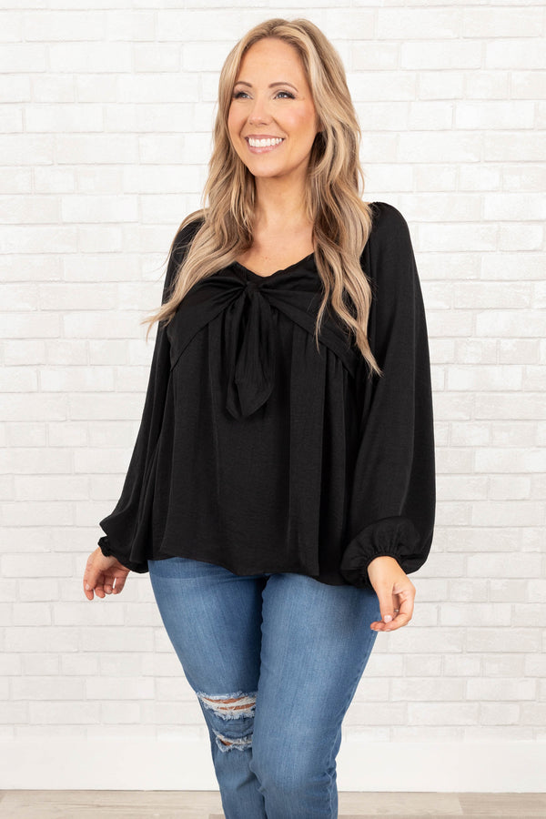Chic Soul plus size clothing, black flowy top with bubble sleeves and front tie