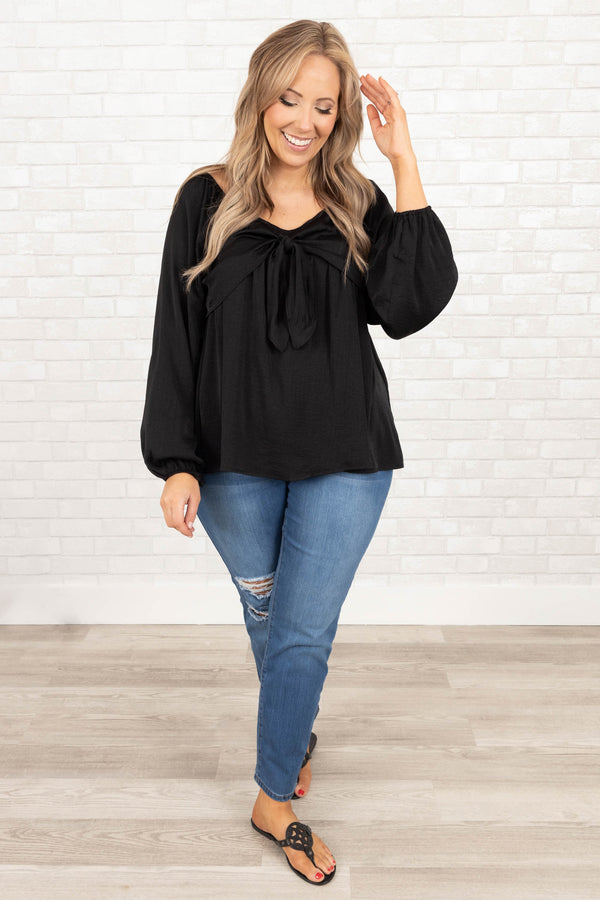 Chic Soul plus size clothing, black flowy top with bubble sleeves and front tie