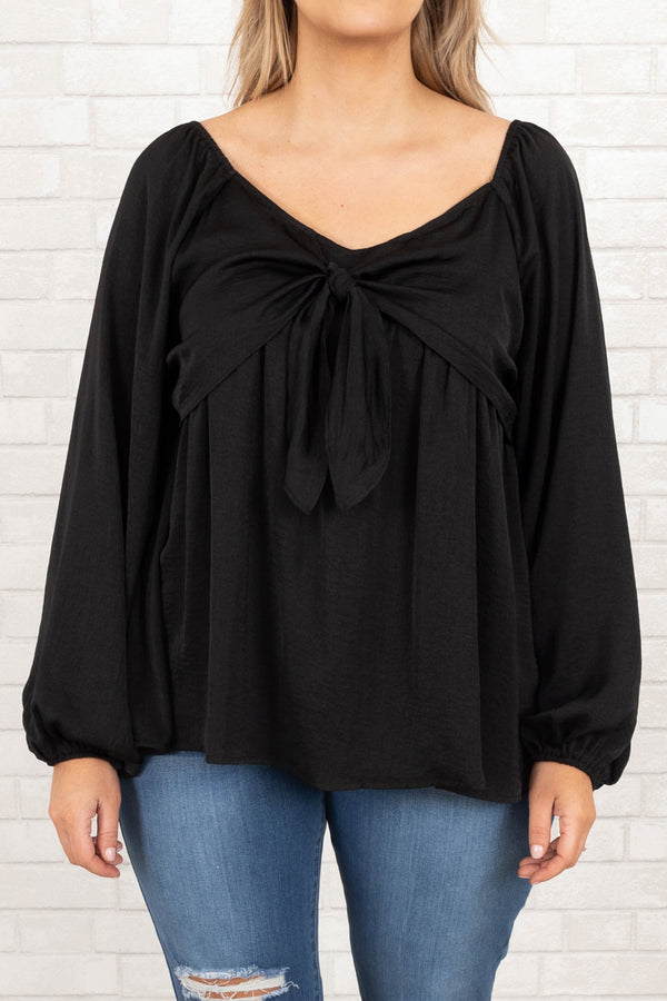 Chic Soul plus size clothing, black flowy top with bubble sleeves and front tie