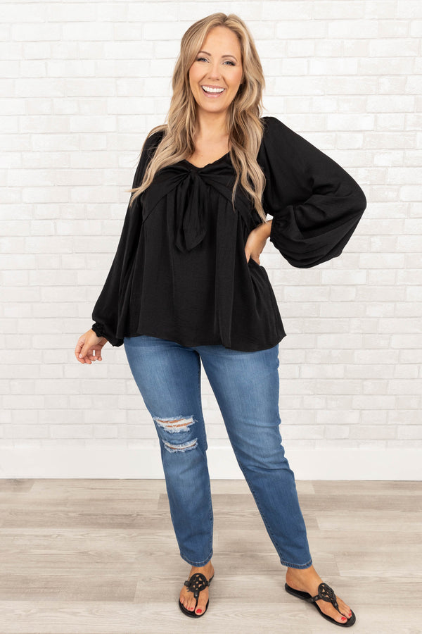 Chic Soul plus size clothing, black flowy top with bubble sleeves and front tie