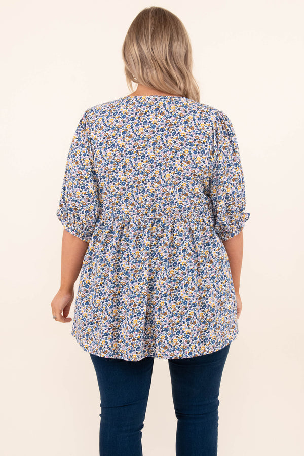 Chic Soul plus size clothing, blue floral babydoll top with bell sleeves