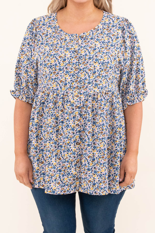 Chic Soul plus size clothing, blue floral babydoll top with bell sleeves