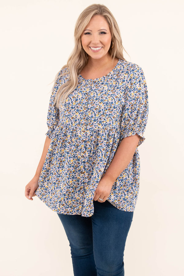 Chic Soul plus size clothing, blue floral babydoll top with bell sleeves
