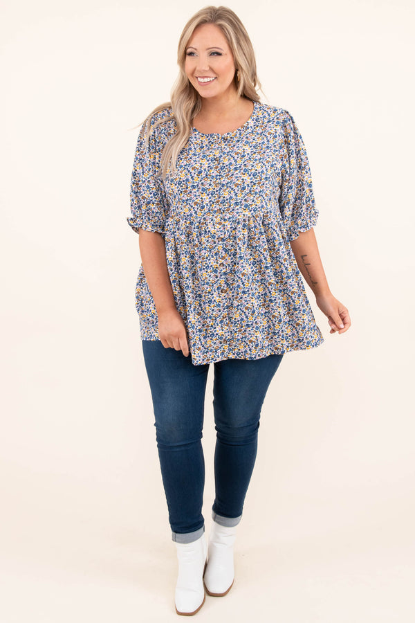 Chic Soul plus size clothing, blue floral babydoll top with bell sleeves