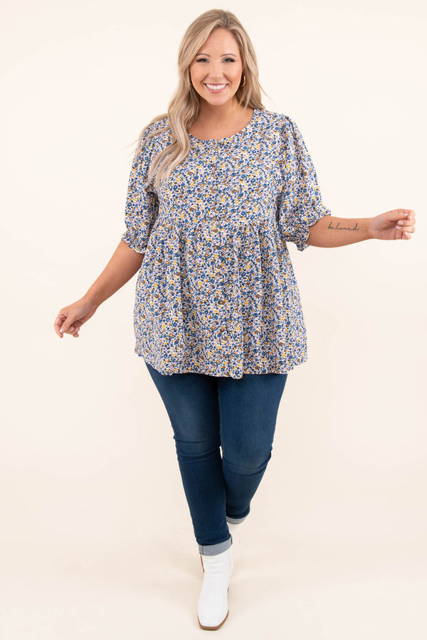 Chic Soul plus size clothing, blue floral babydoll top with bell sleeves