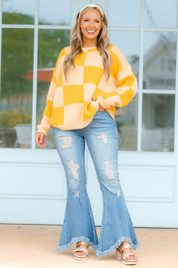 Chic Soul plus size clothing, shades of yellow plaid knitted sweater