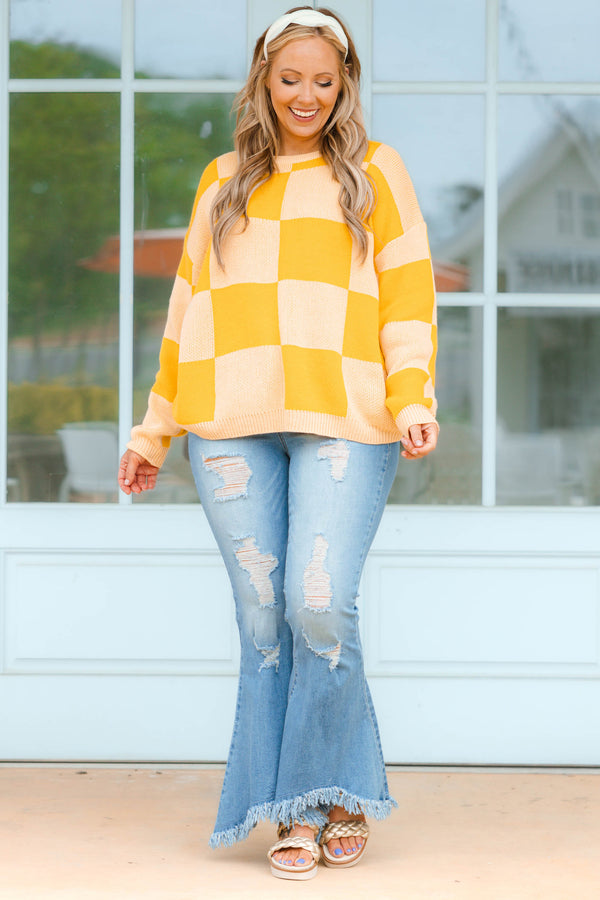 Chic Soul plus size clothing, shades of yellow plaid knitted sweater