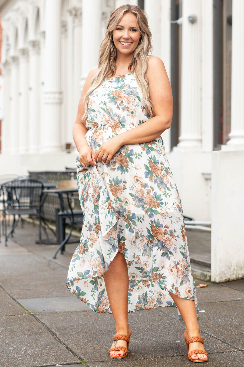 ivory colored plus size dresses Final Sale Plus Size Faux Wrap Gown with Ruffled Slit in Ivory Chic And Curvy