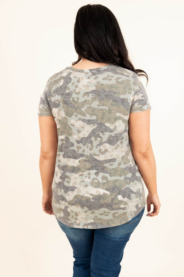 Chic Soul plus size clothing, olive camo patterned top with chest pocket