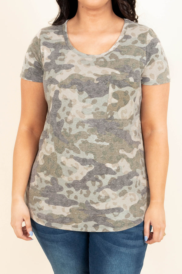 Chic Soul plus size clothing, olive camo patterned top with chest pocket