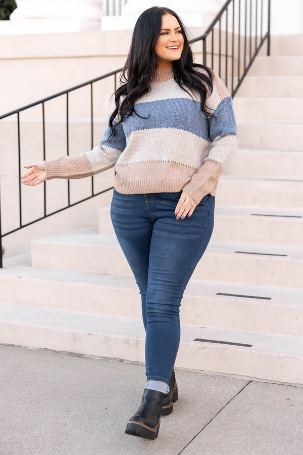 Chic Soul plus size clothing, cream multi color block long sleeve sweater