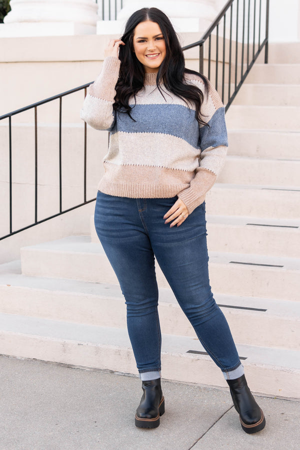 Chic Soul plus size clothing, cream multi color block long sleeve sweater