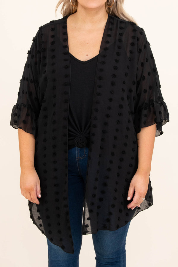 Chic Soul plus size clothing, solid black sheer kimono short flutter sleeve black swiss dot pattern