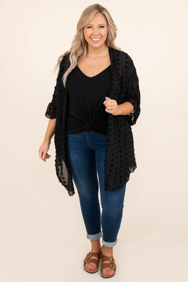 Chic Soul plus size clothing, solid black sheer kimono short flutter sleeve black swiss dot pattern