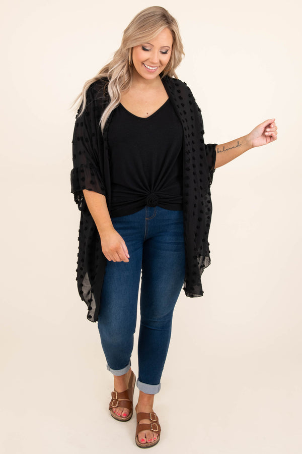 Chic Soul plus size clothing, solid black sheer kimono short flutter sleeve black swiss dot pattern