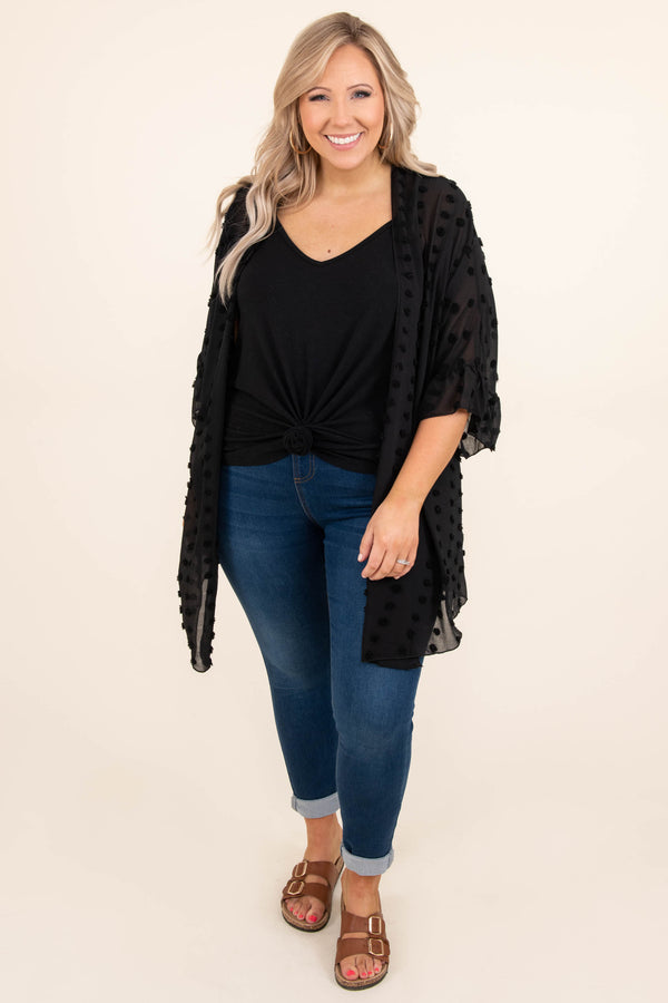 Chic Soul plus size clothing, solid black sheer kimono short flutter sleeve black swiss dot pattern