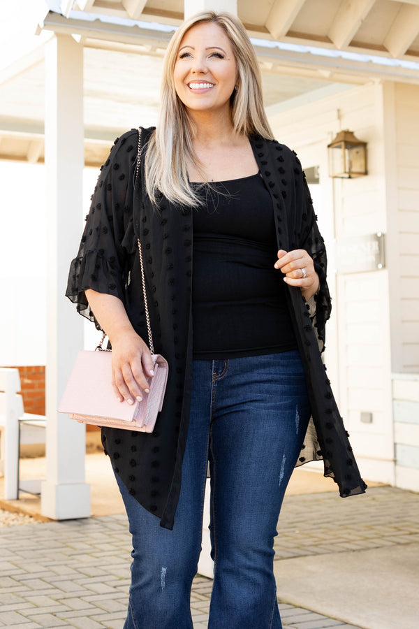 Chic Soul plus size clothing, solid black sheer kimono short flutter sleeve black swiss dot pattern