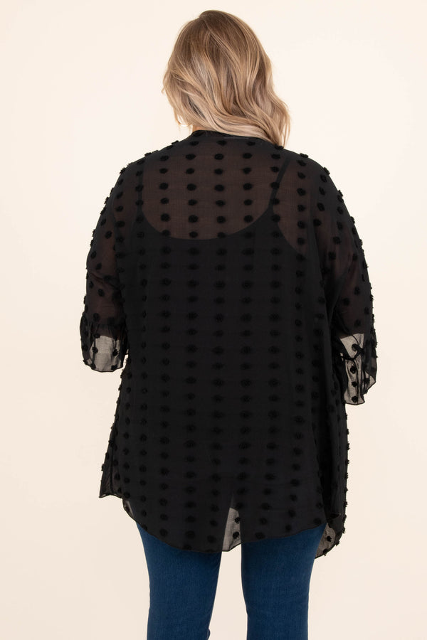 Chic Soul plus size clothing, solid black sheer kimono short flutter sleeve black swiss dot pattern