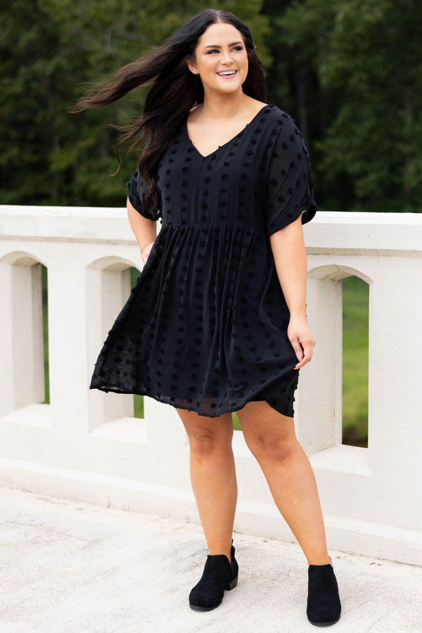 Chic Soul plus size clothing, black swiss dot style short sleeve dress