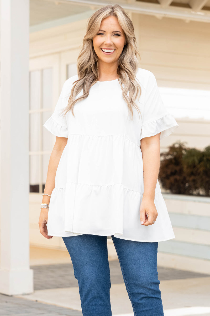 Ruffle Sleeve White Top, Trendy Women's Clothing