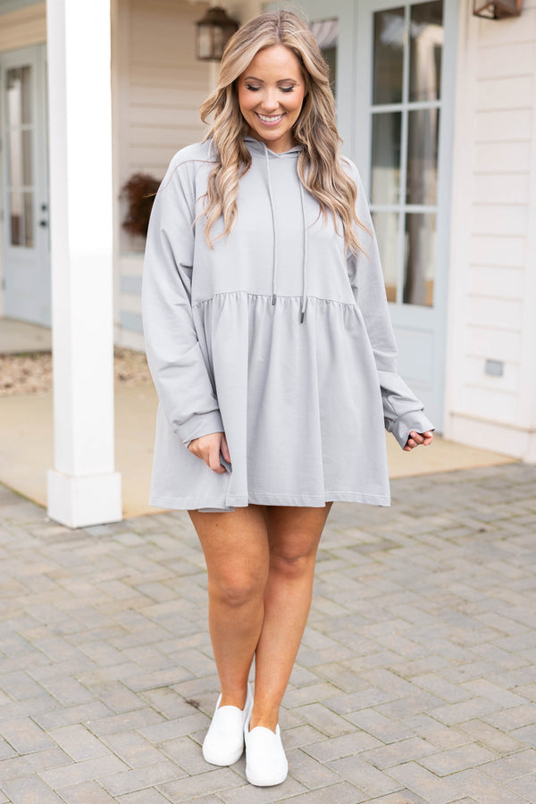 Chic Soul plus size clothing, grey babydoll style hoodie dress
