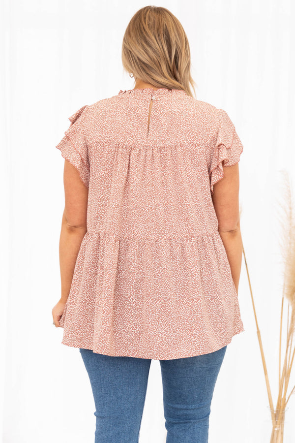 Chic Soul plus size clothing, mauve white speckle pattern high neck short flutter sleeve babydoll casual top