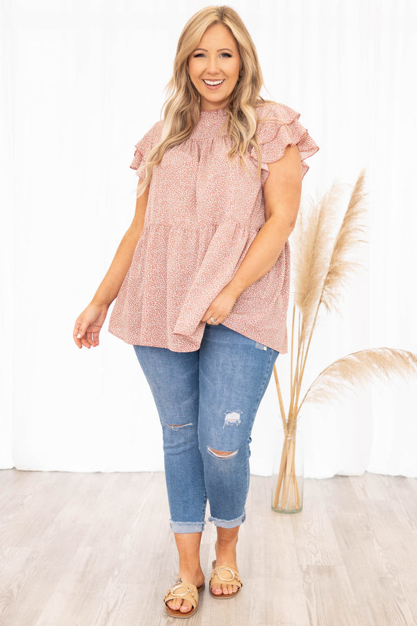 Chic Soul plus size clothing, mauve white speckle pattern high neck short flutter sleeve babydoll casual top