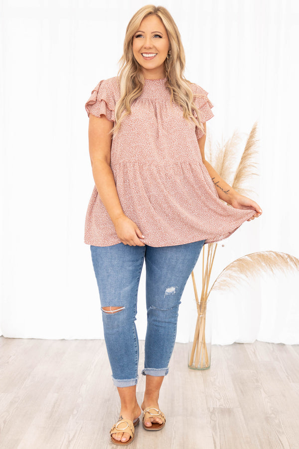 Chic Soul plus size clothing, mauve white speckle pattern high neck short flutter sleeve babydoll casual top