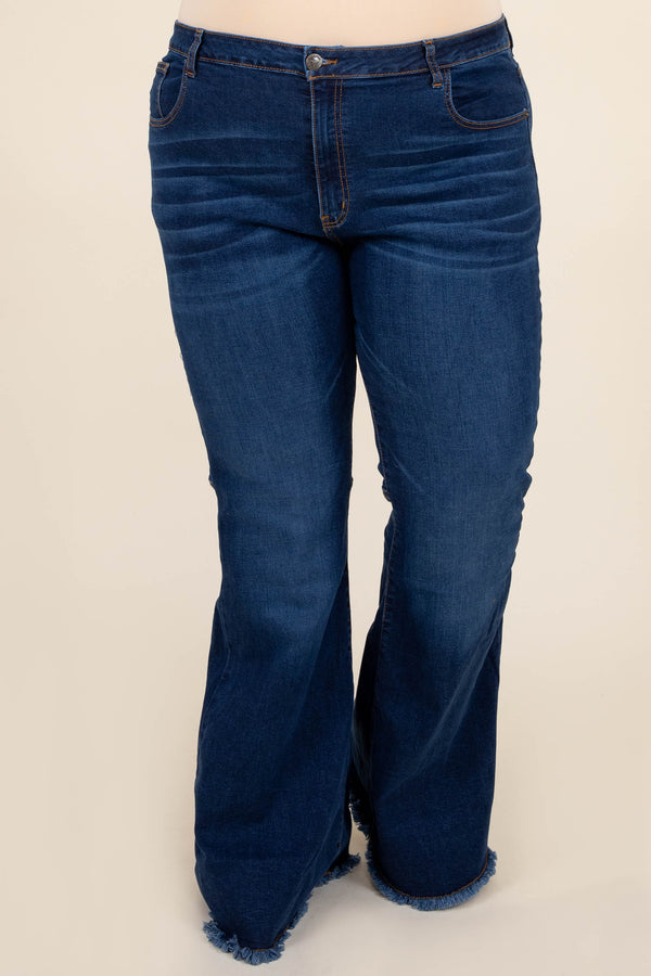 Wide Leg Frayed Flare Jeans in Dark Wash - Denim