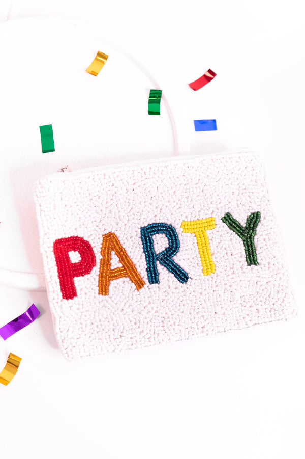 Chic Soul plus size clothing, white beaded and multi colored 'party' pouch