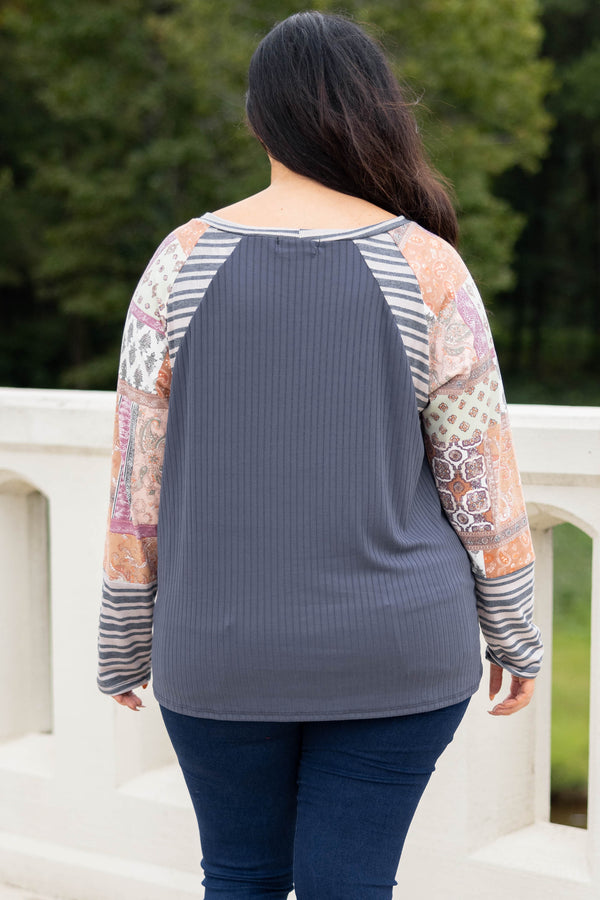 Chic Soul plus size clothing, grey/rust color block long sleeve top